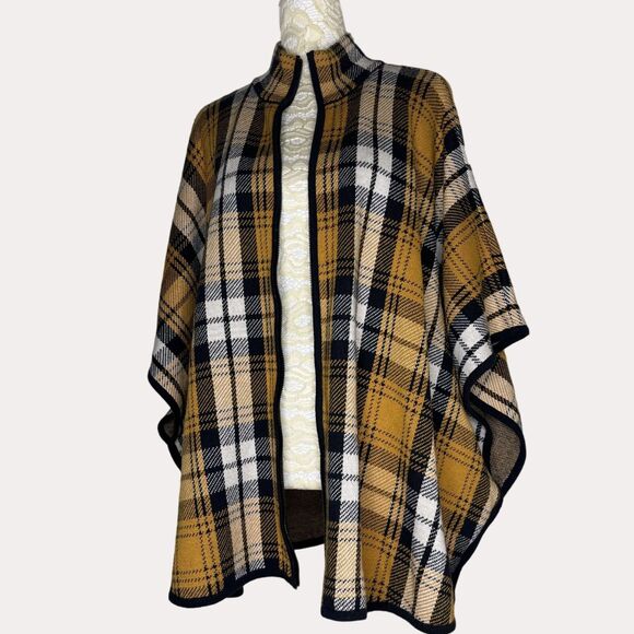 Jones New York Signature Dolman Sleeve Jacket Poncho Plaid Gold S M - Picture 5 of 11